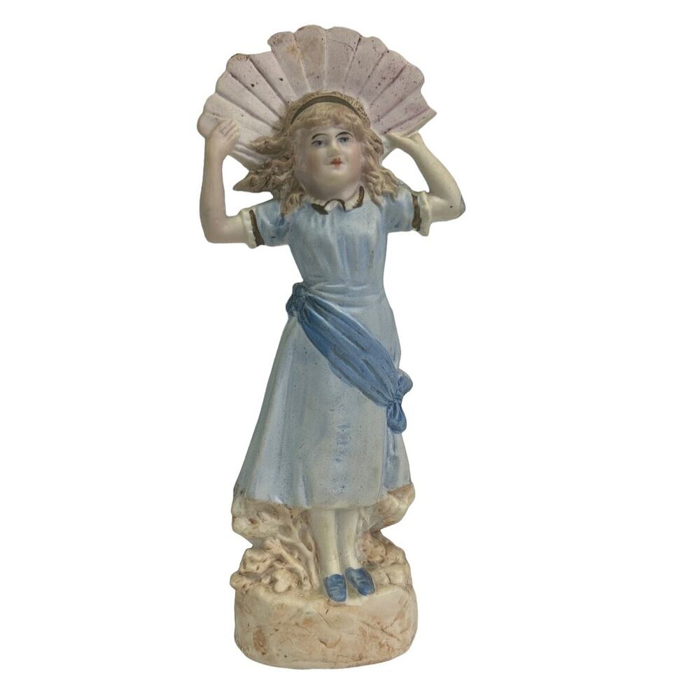 Vintage Victorian Lady Girl Blue Dress w Fan Ceramic Figure Figurine Collectible